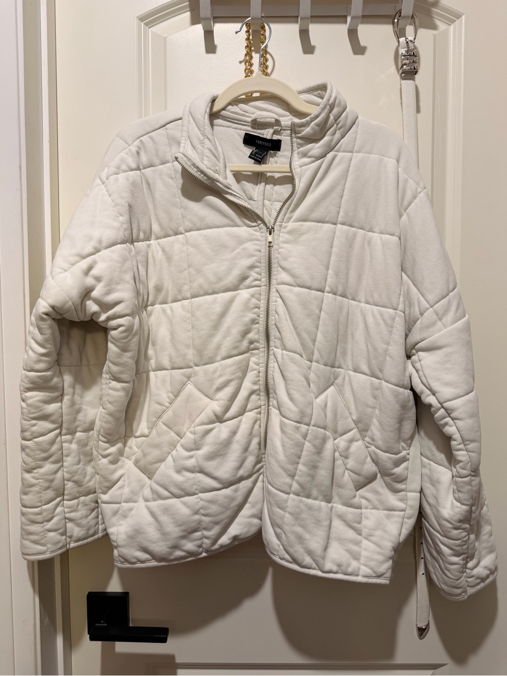 White Quilted Zip-Front Jacket